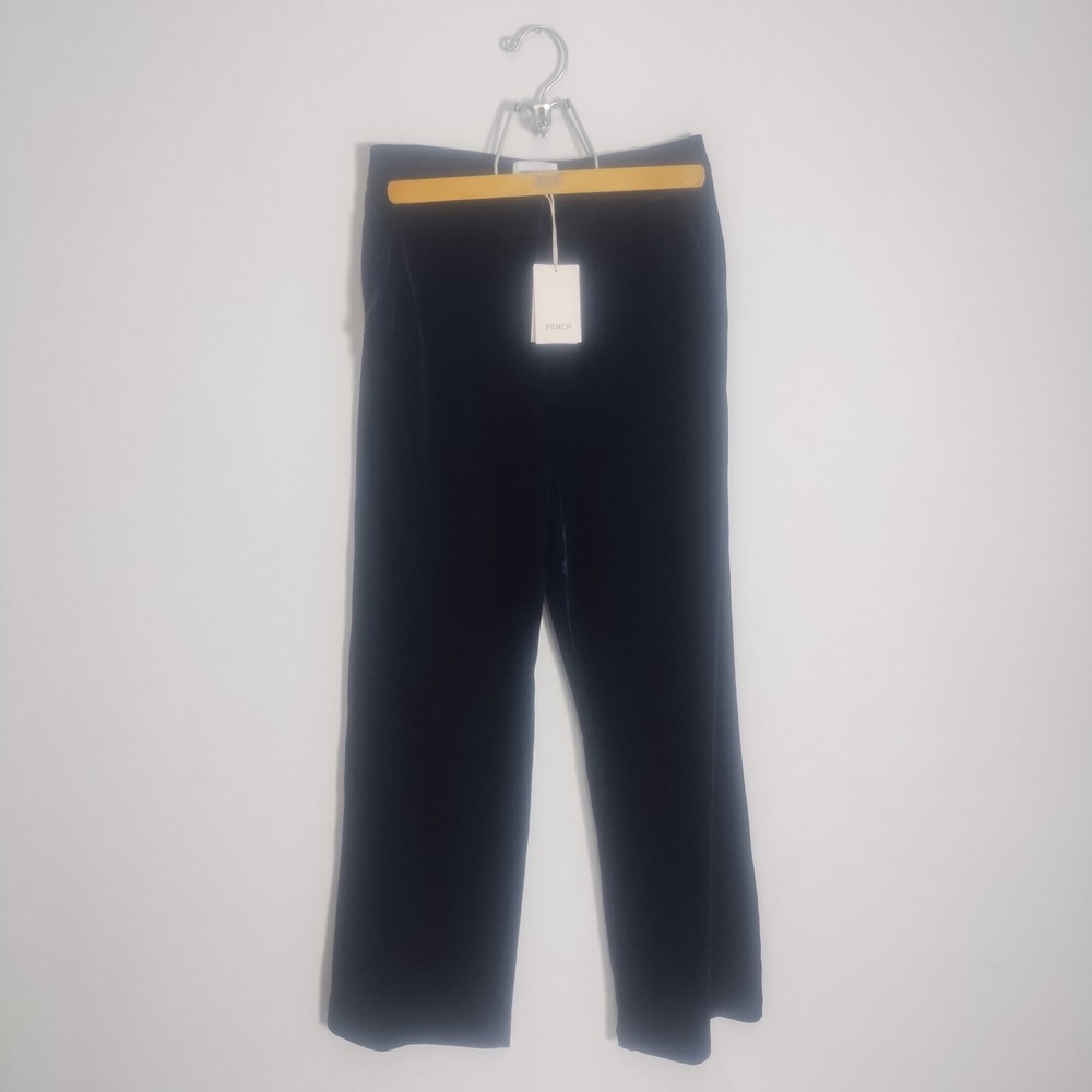 FRNCH Terry Pant Women Size M Navy Blue Velvet Straight Leg Parisian Chic NEW